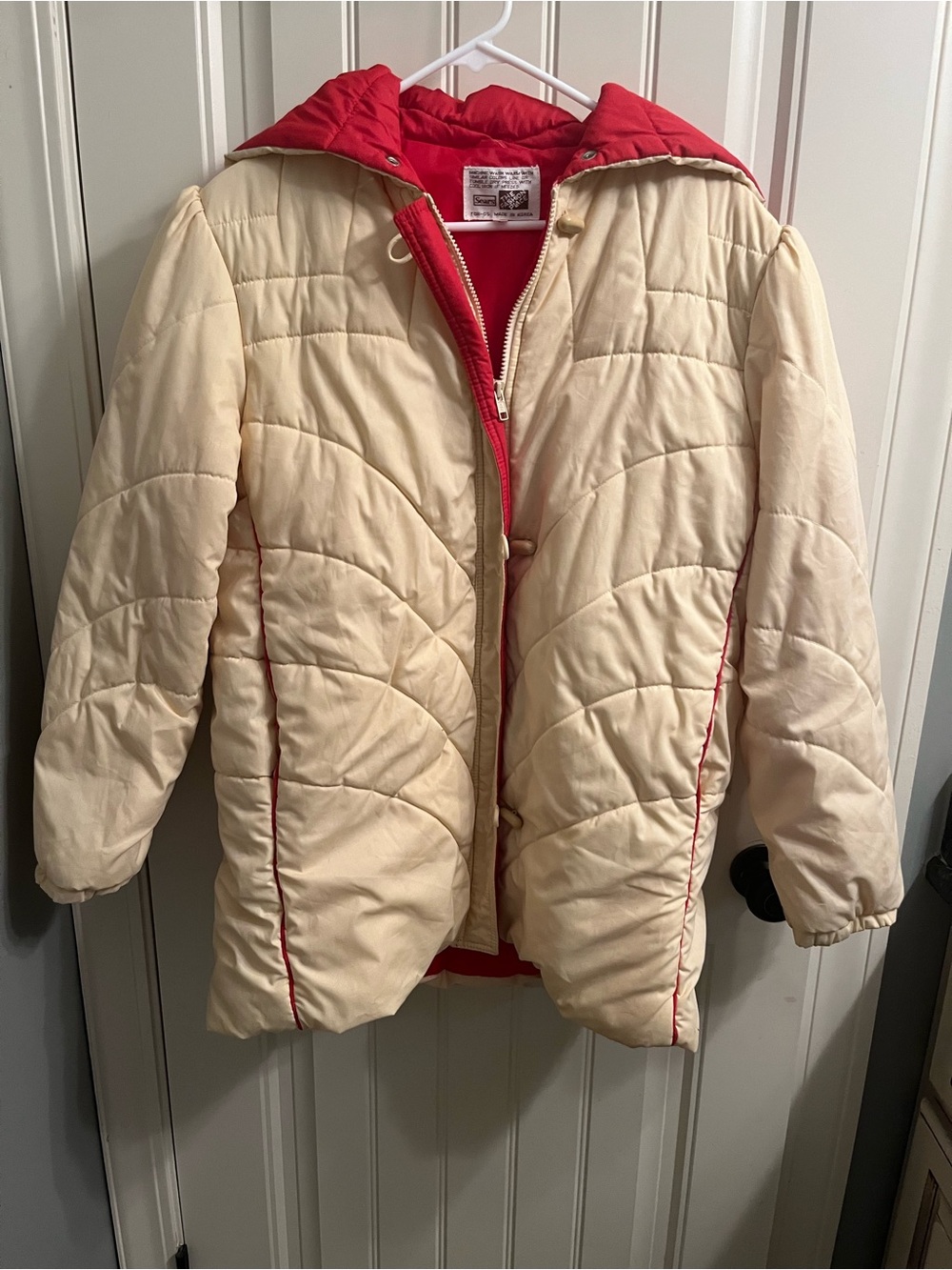 Vintage Sears Cream Puffer Jacket with Red Trim